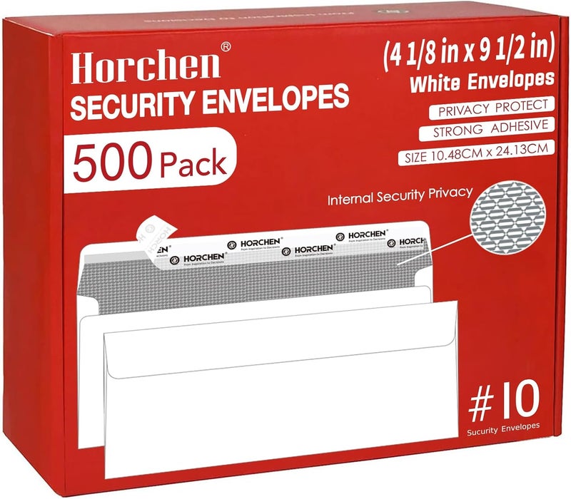 Horchen 500 Count #10 Security Envelopes,Peel & Seal Windowless Business Envelopes,Security Tint Pattern for Mailing of Checks, Invoices, Documents - 4 1/8 x 9 1/2 Inch - White， - Image 1